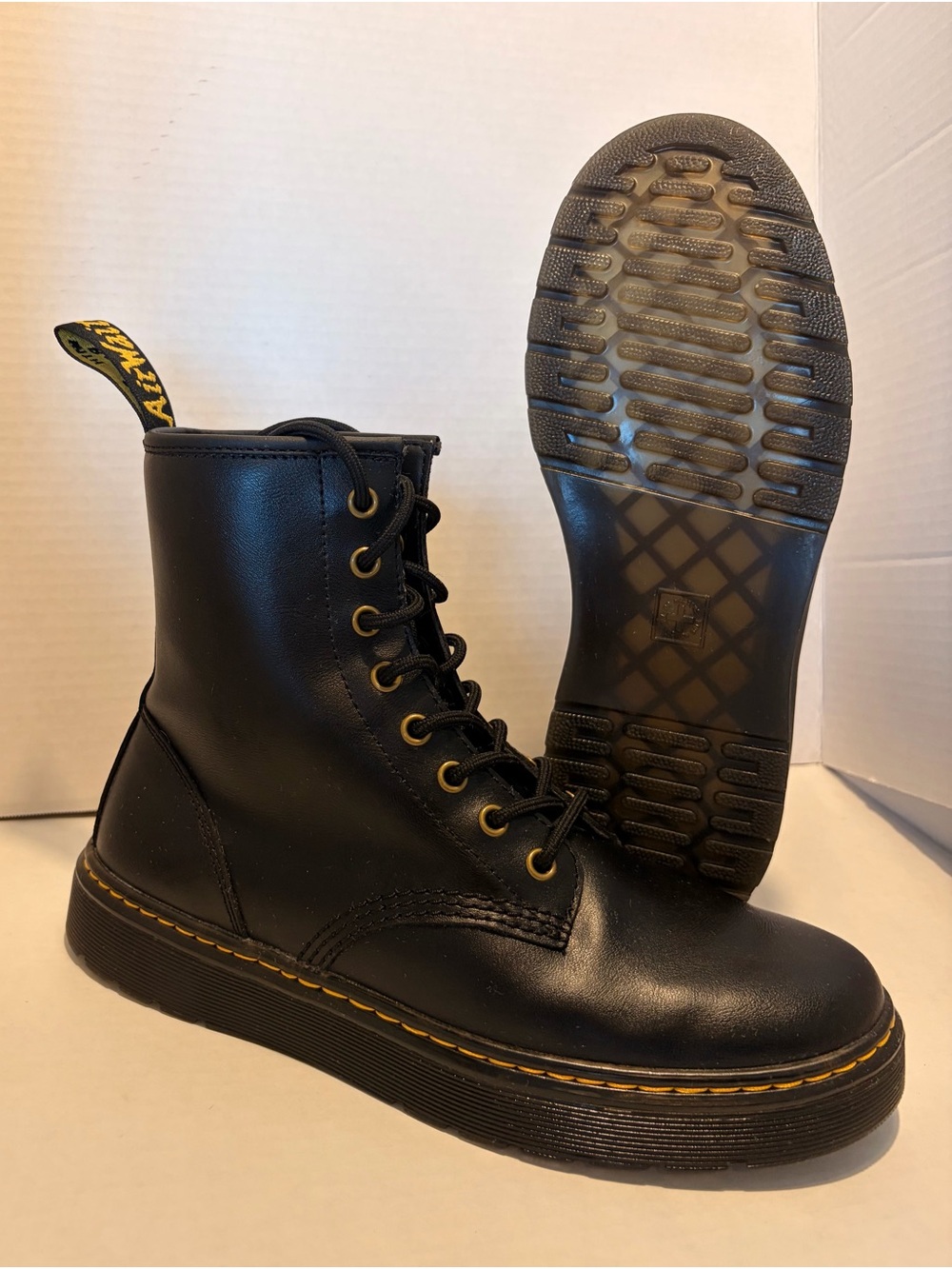 Dr. Martens Black Leather Lace-Up Combat Boots with Yellow Stitching